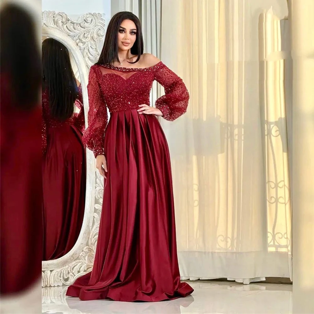 

Long Sleeve Illusion A-line Pleat Satin Patchwork Prom Gown Vintage Backless Evening Party Dresses فساتين سهرة فخمه