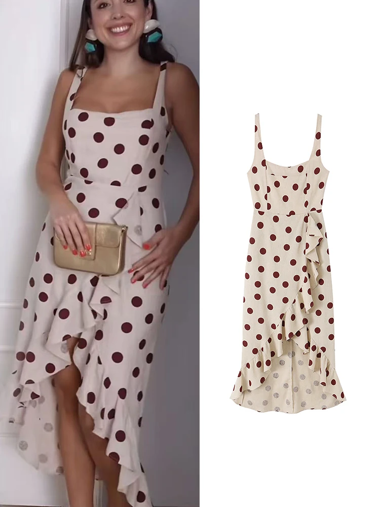 TFMLN 2026 Neues Damen-Rüschenkleid mit Punktmuster, schmal geschnitten, eckiger Ausschnitt, langes Kleid, Sommer, elegant, ärmellos, schick, Urlaub, Strandkleid