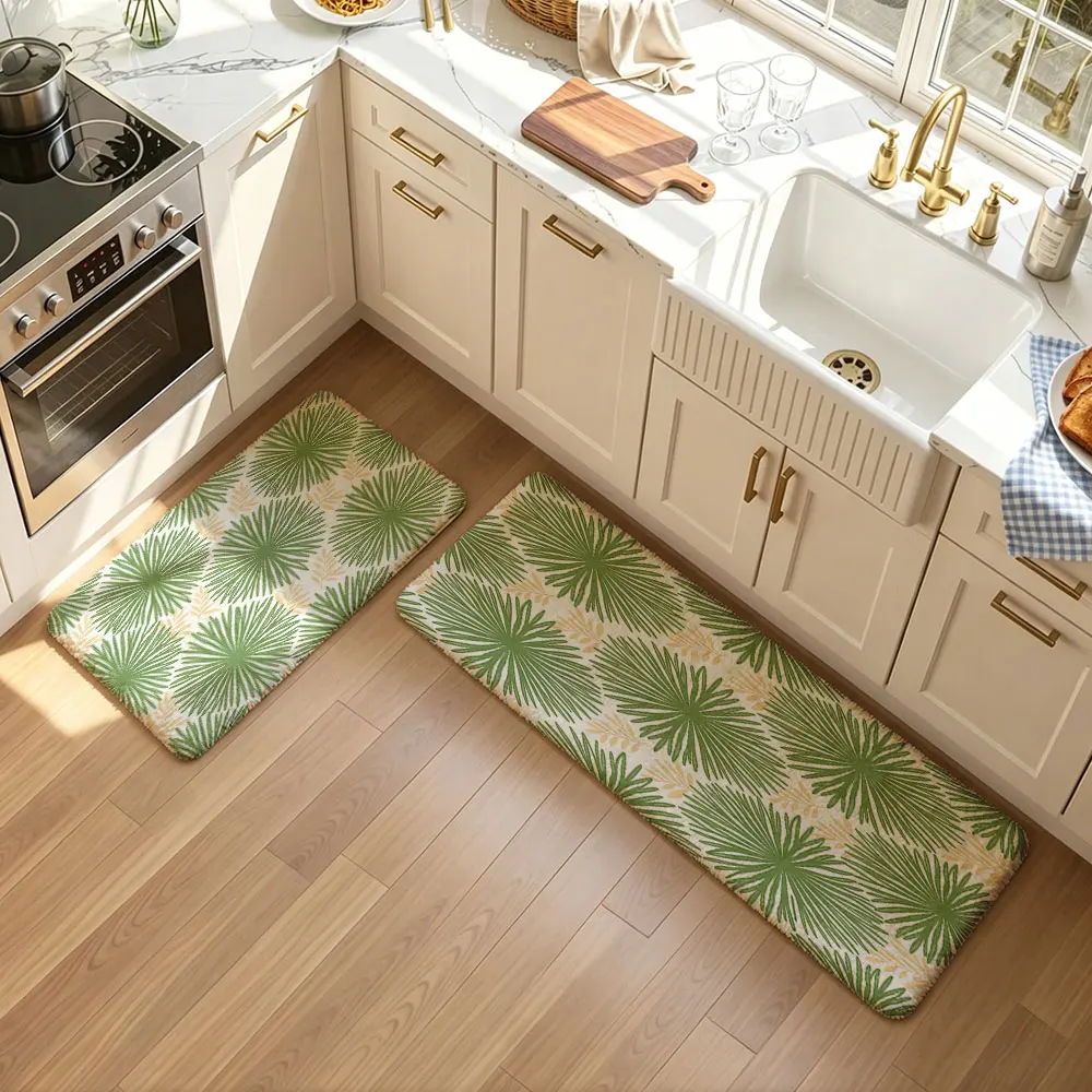 2pcs plush kitchen floor mats with palm leaf pattern on the background waterproof oil-resistant and water-absorbent