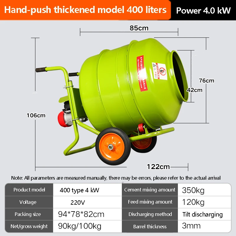 Zementmischer, 400 l, tragbarer elektrischer Poly-Drum-Betonmischer, robuste Power-Zementmischmaschine für Mörtel