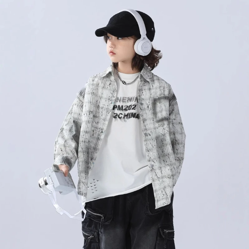 

Autumn 2025 New Children's Flower Gray Retro Grid Cotton Breathable Shirt Jacket