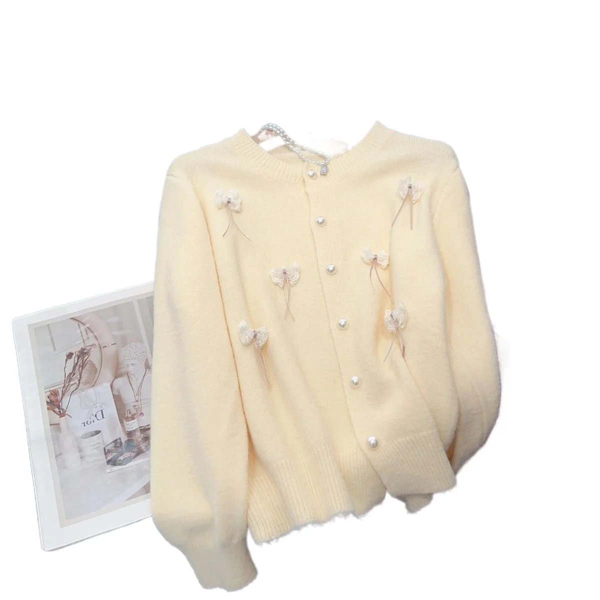 

Sweet Bow Sweater Loose Round Neck Single Breasted Coat Spring Autumn Women 2025 New Long Sleeve Knitted Cardigan Trend