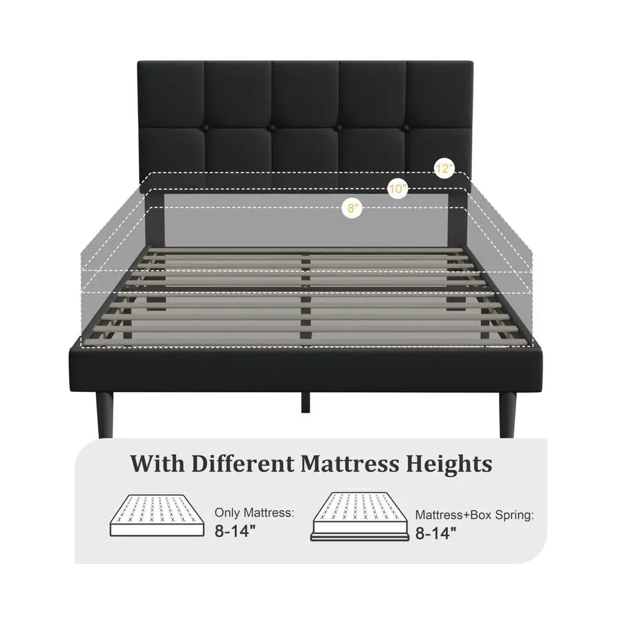 هيكل سرير مع لوح رأسي منجد، إطار سرير بمنصة شديدة التحمل، مقاس كوين مع شرائح خشبية قوية، لا حاجة إلى صندوق زنبركي، ضوضاء