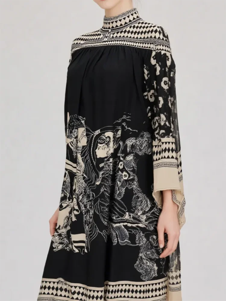 Lapel Three Quarter Sleeve Retro Printing V Neck Dress Autumn Elegant Women Loose Party Dress Femme Lacing Up Maxi Dress Vestido