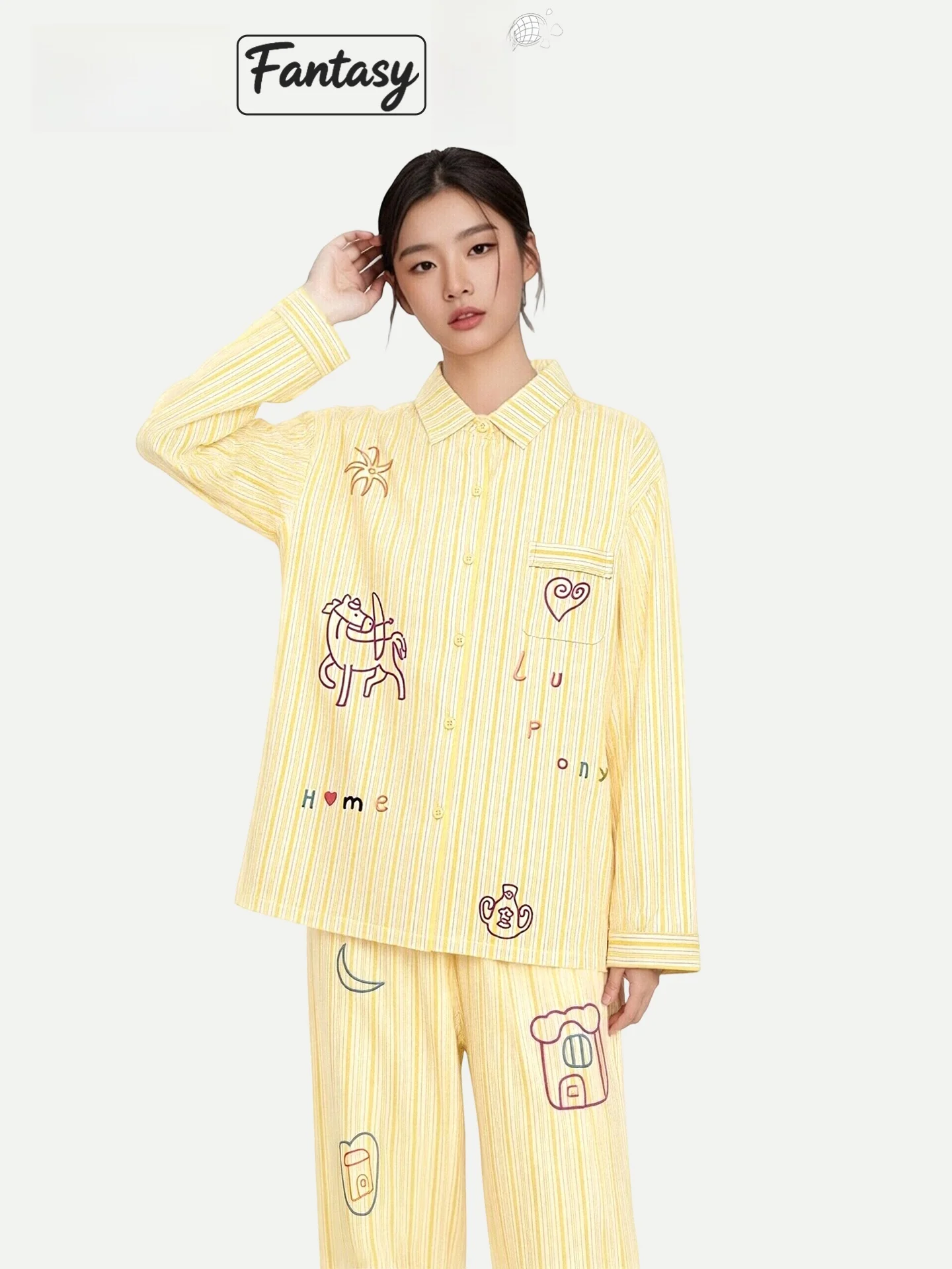 PinkBread Ladies Long Sleeve Cotton Pajamas Comfortable Skin-friendly Home Clothes Spring Autumn Outfit Soft Moisture-wicking