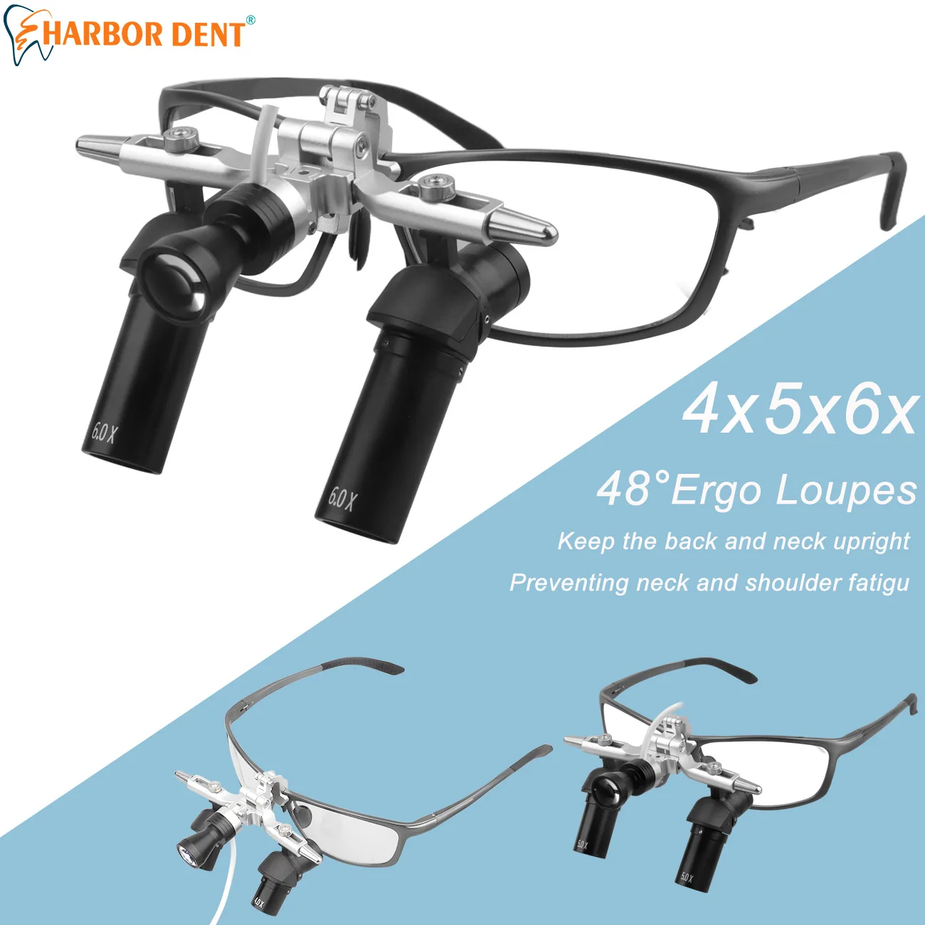 

4X/5X6X Стоматолог 48 ° Эрго-лупы со светодиодным регулируемым прожектором мощностью 5 Вт, эргономичные бинокулярные увеличительные стекла, стоматологические инструменты