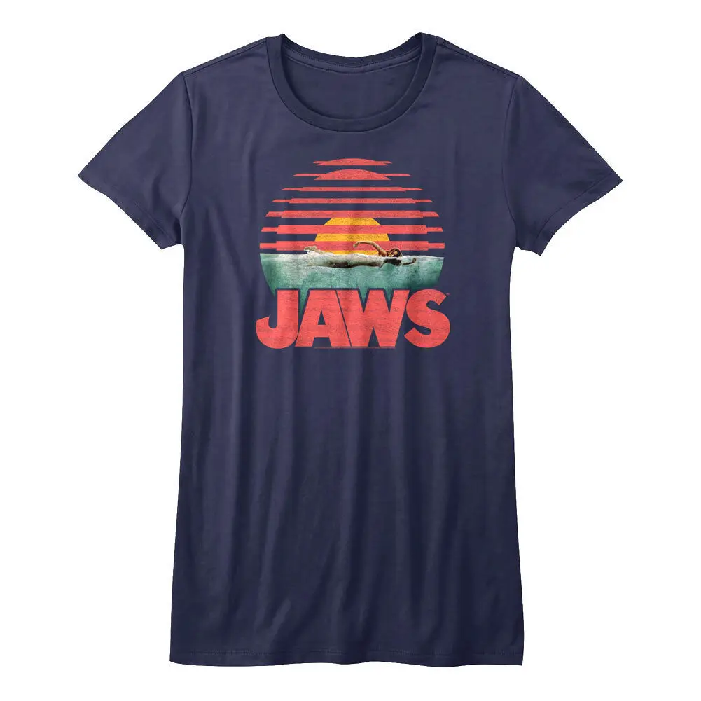 Jaws Sunset Vibe Womens T Shirt Shark Attack Bite Ocean Swimmer Horror Movie Top