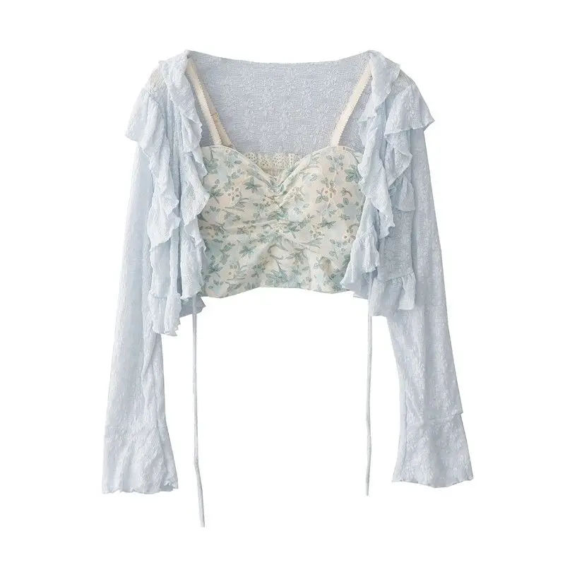 Sweet Hot Girl Summer French Embroidered Floral Lace Ruffled Lace-up Short Cardigan + Flower Print Small Sling Top Two-piece Set