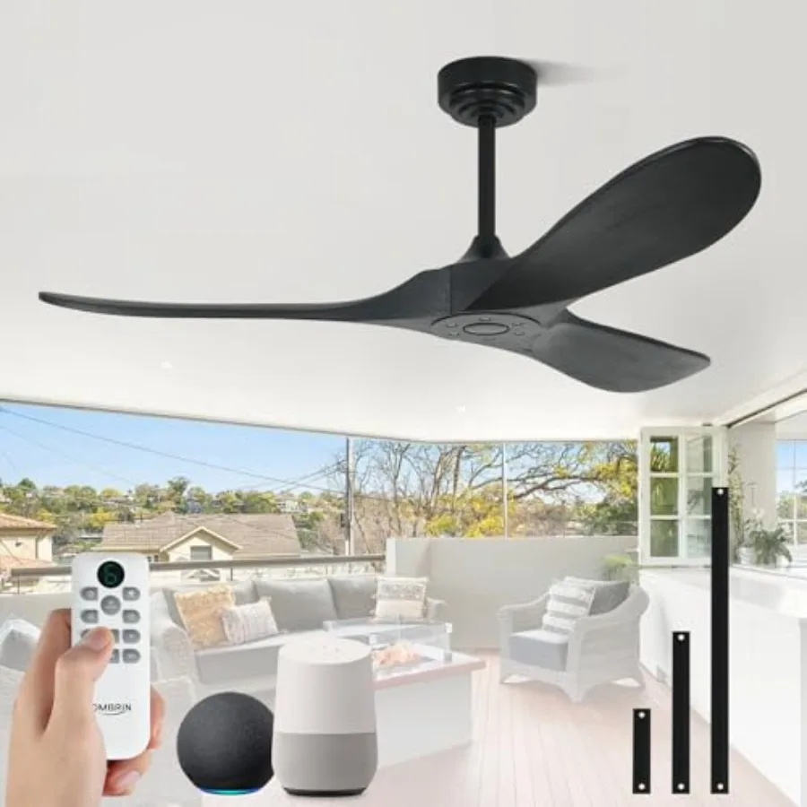 Outdoor ceiling fan for patios and farmhouse, wood material, black color, high CFM airflow and smart remote control with Alexa/