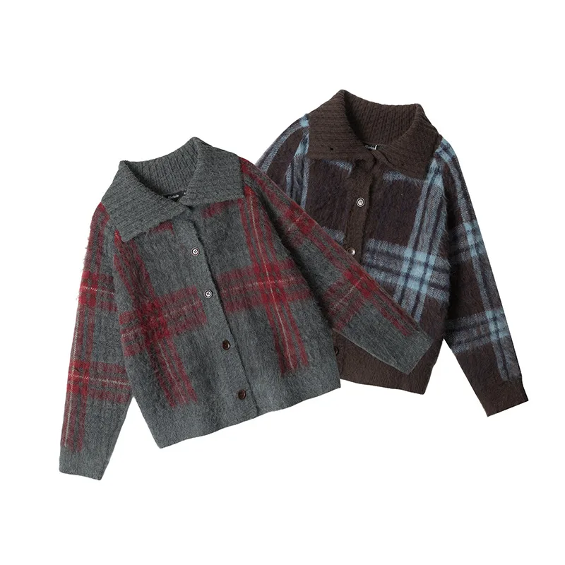 Women's Sweater Top Spring American Lapel Cardigan Sweater For Men And Women Loose Plaid Lazy Retro Outer Knitwear Cardigan Tops