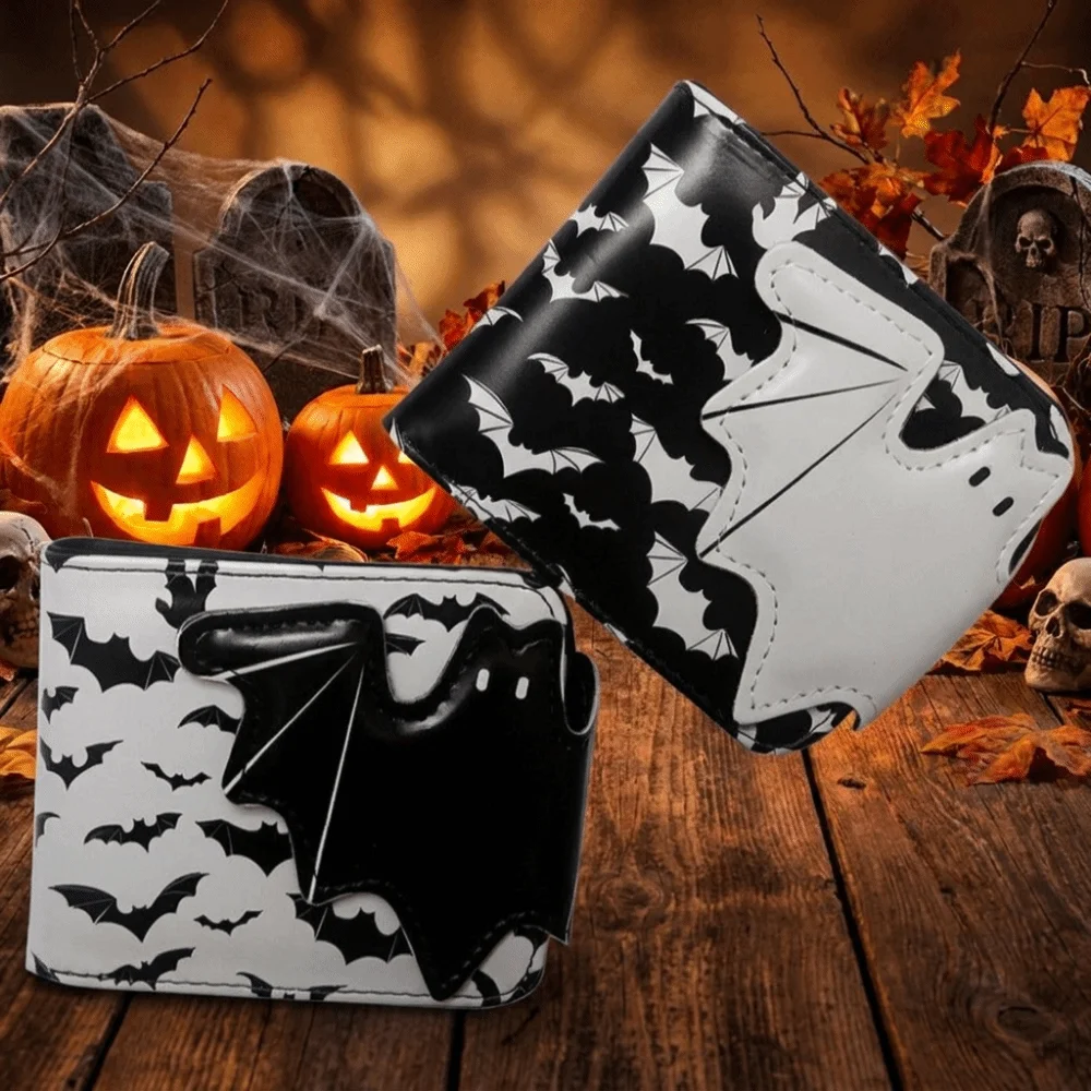 Multi-Functional Bat Ghost Print Wallet Large Capacity Buckle Design Foldable Coin Purse Long Strap Portable
