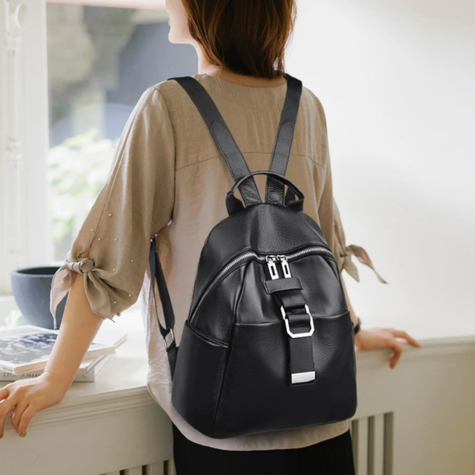 100% Genuine Leather Women Backpack Top Quality Cowhide Casual Travel Bag Large Capacity Bagpack School Bag Ladies Shoulder Bag