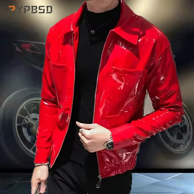 Chaqueta de cuero Punk roja de invierno para hombre, ropa de calle de moda coreana a prueba de viento, abrigo Bomber de piel sintética brillante,