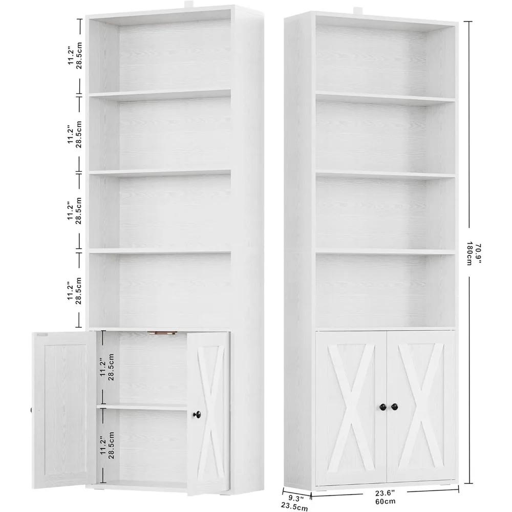 Industrial bookshelves and bookcases with doors, a set of 2 level standing 6 display storage racks, 70 inch high bookcases