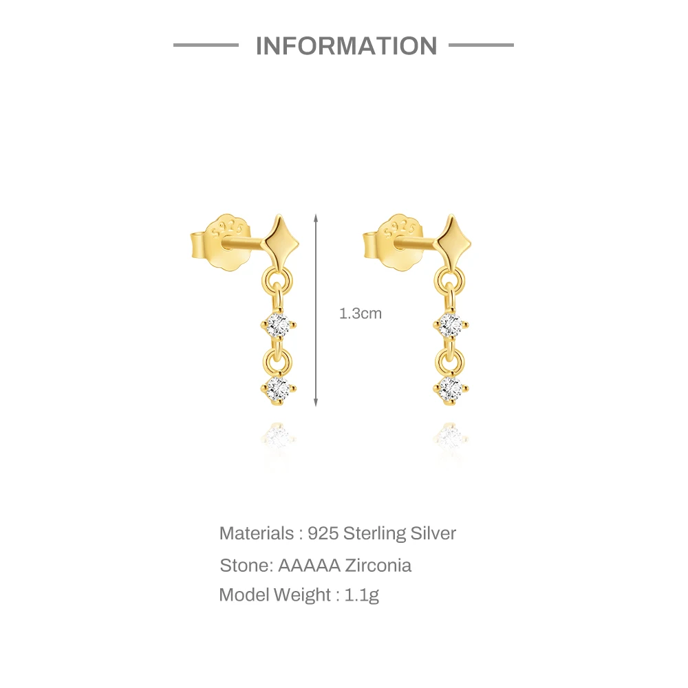 Aide S925 Sterling Silver Classic Smooth Four-Pointed Star Tassel Stud Earrings - Dangle Chain Zircon Earrings for Women Jewelry