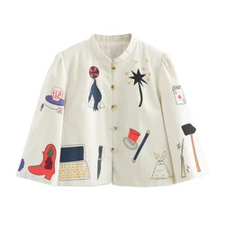 PB & ZA-Casual Cartoon Short Jacket for Women, European and American Fashion, Spring New, 2024