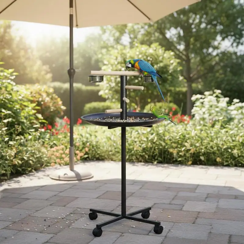 

Metal Bird Table Play Stand, Bird Feeder Station Parrot Perch with Four Wheels Feeding Bowls Round Tray