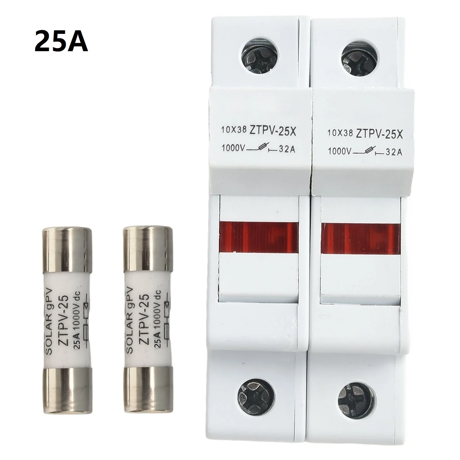 2P Solar Fuse Holder With LED, 1000V DC 32A For 10x38mm Fuses, DIN Rail Mount PV String Protection For Solar Panels