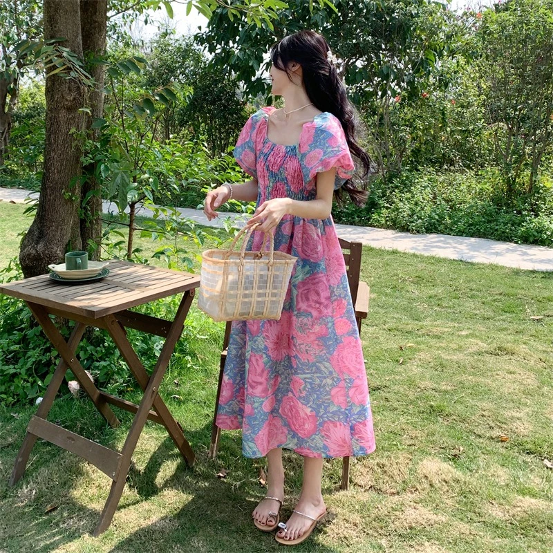 Summer New Sle Women's Floral Print Long Dr Square Collar Lantern Sve plus Size A-Line Skirt High Waist ort Sve