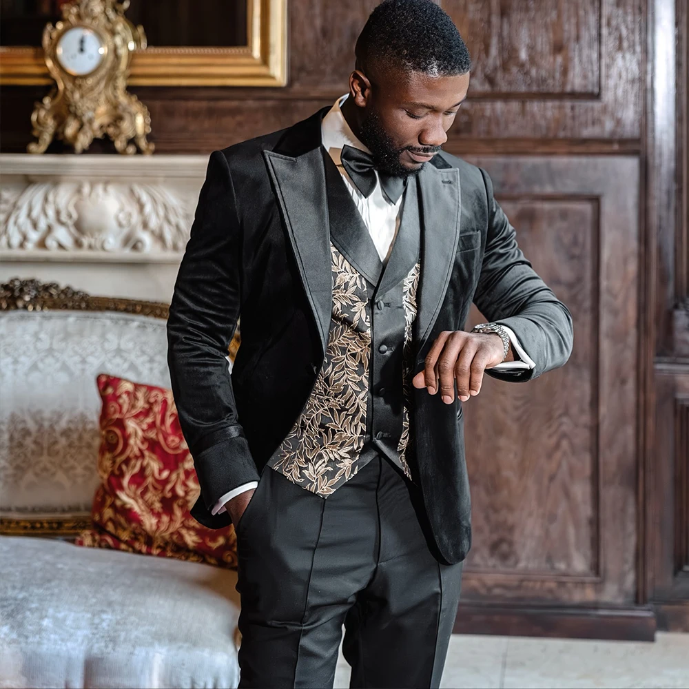 

Elegant Men's Suit 2 Pieces One Single Button Peaked Lapel Velour Prom Man Suits Business Blazer Set Customized Men's jackets