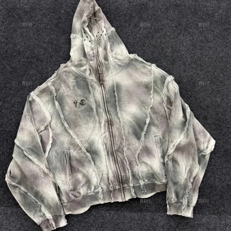

Men Women Hooded Mask Thug Club Hooded Wash Mud Dyed Old Zipper Short Casual Star Moon Hoodie Cardigan Coat