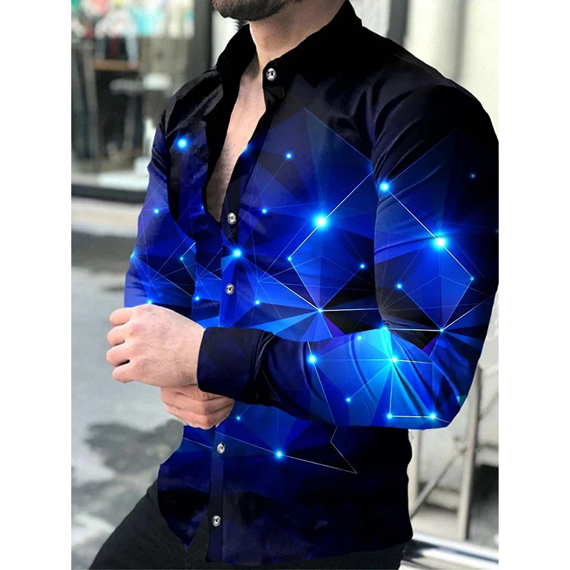 Camisa informal de manga larga para hombre, camisa elegante y fresca con hermoso patrón de cielo estrellado e impresión digital 3D