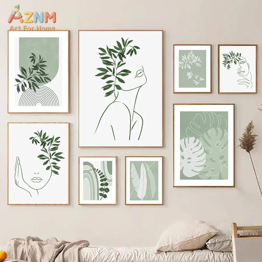 AZNM Sage Green Botanical Line Canvas Print Abstract Woman Face Monstera Leaf Rainbow Minimalist Boho Neutral Wall Poster Unfram