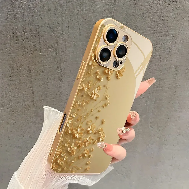 Eleganckie etui na telefon ze szkła hartowanego ze złotym wzorem małych kwiatów dla Samsung Galaxy S25 Ultra S24 S23 Plus S25 FE S23Ultra Cover — zdjęcie produktu 3