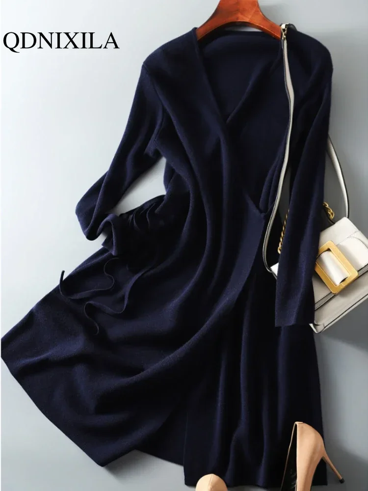 Autumn Winter Sweater Womens Dresses V-neck Wrap Up Dress for Women Woman Clothing Korean Version Loose Elegant Knitted Skirt - Image 5