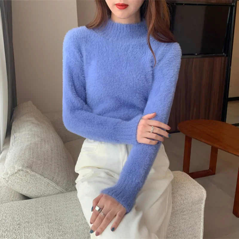 

Women's Half High Collar Fleece Lined Warm Base Shirt Soft Plush Top Winter Thermal Wear Thickened Short Fake Mink Sweater