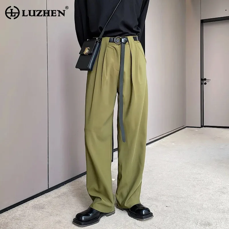 

LUZHEN 2024 Trendy Belt Decorate Pleated Design Casual Straight Suit Pants Solid Color Men's Fashion Elegant Trousers LZ5311