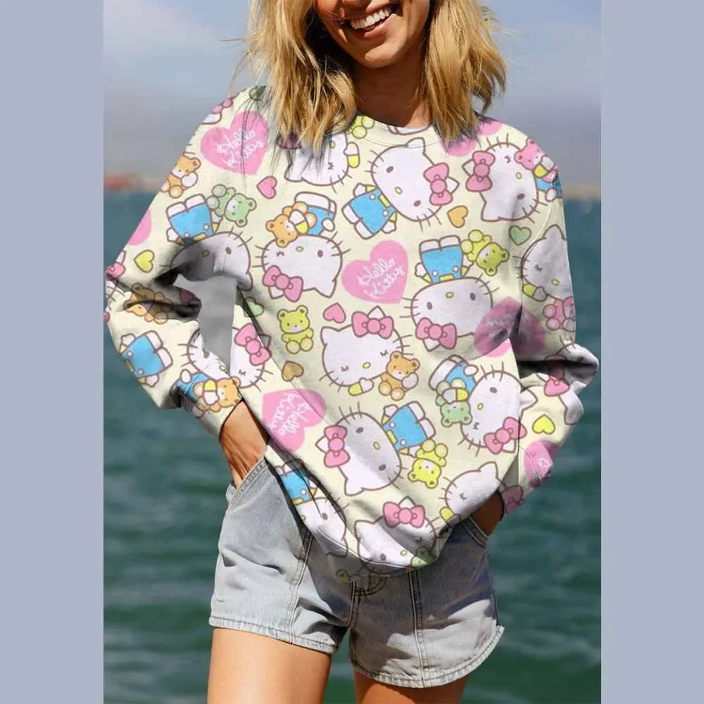 في الهواء الطلق الخريف الشتاء مريحة السترة عارضة أزياء مريحة مرحبا كيتي طباعة المرأة السترة قمم