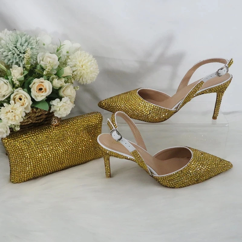 

Women Summer New Arrival Pointed Toe Wedding Shoes and bag set Bridal Gold Sandals Thin heels 9cm Slingbacks Pumps Handbag