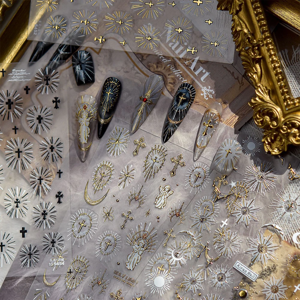 5D الإلهي الذهب الأبيض الصليب ملصقات الأظافر الإبداعية الفرنسية ملصقات الأظافر الصليب مانيكير الشارات الضوء المقدس عبر مسمار الفن لوازم