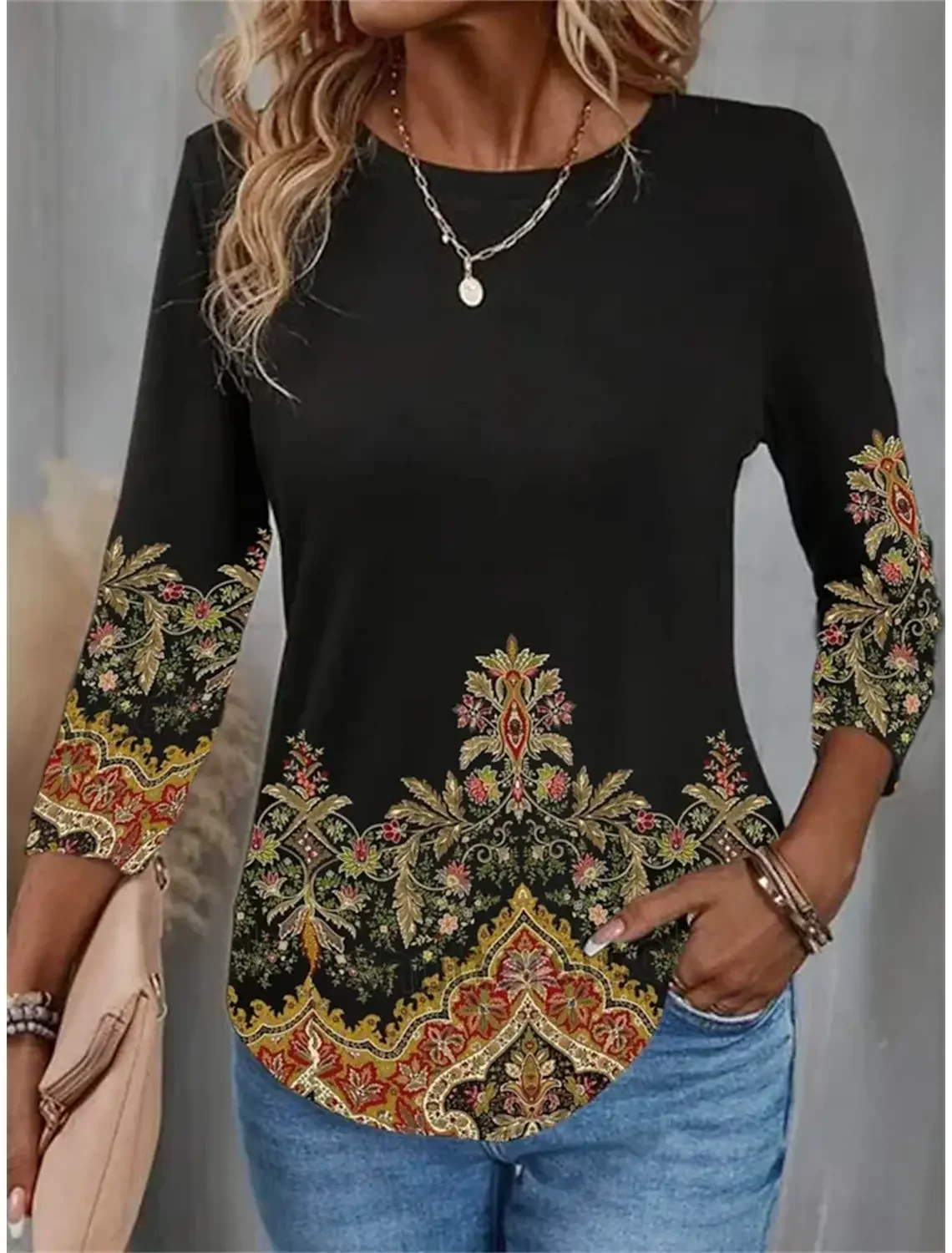 

Модная винтажная женская футболка с цветочным принтом и длинным рукавом, повседневные базовые топы для выходных, свободные повседневные женские футболки, осенние