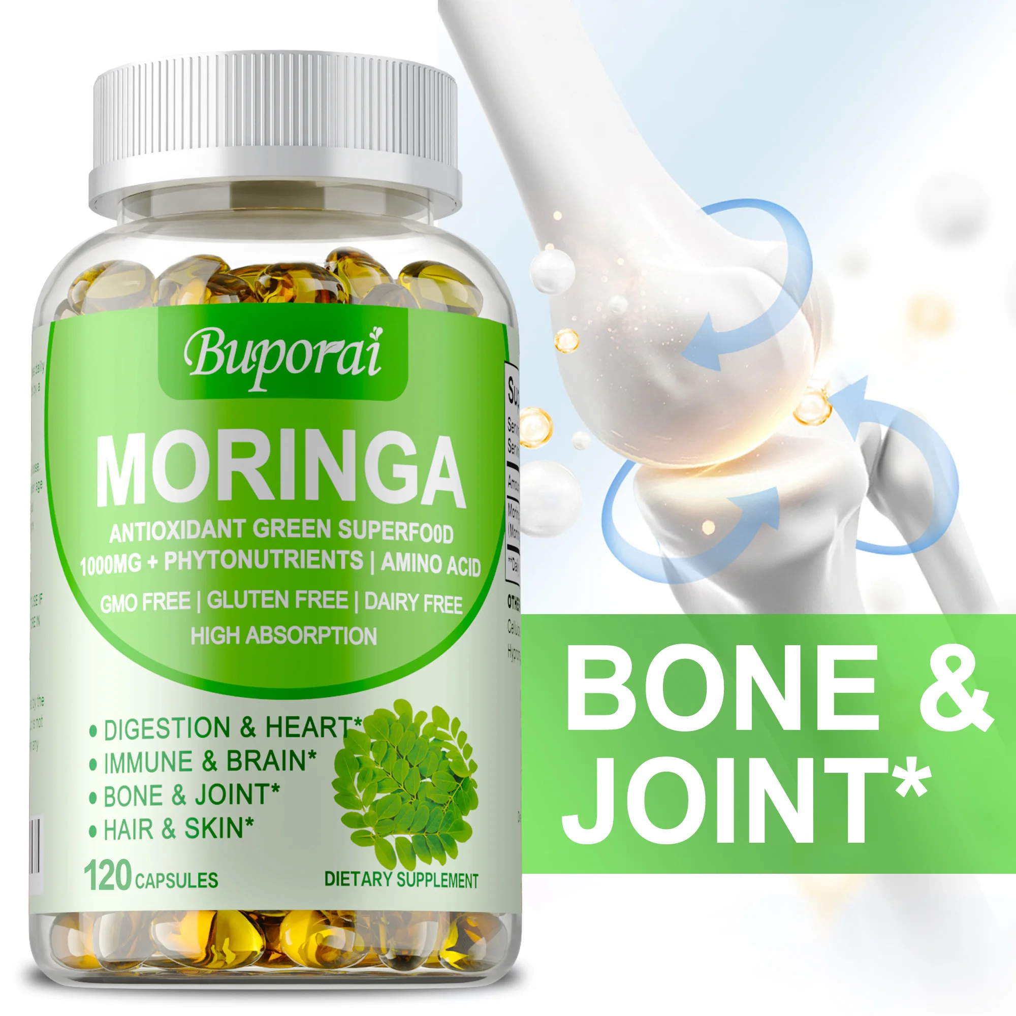 

Moringa Capsules - Boost Energy & Metabolism, Fat Burn, Supports Skin, Heart, Promotes Digestive and Brain Health,Immune Support