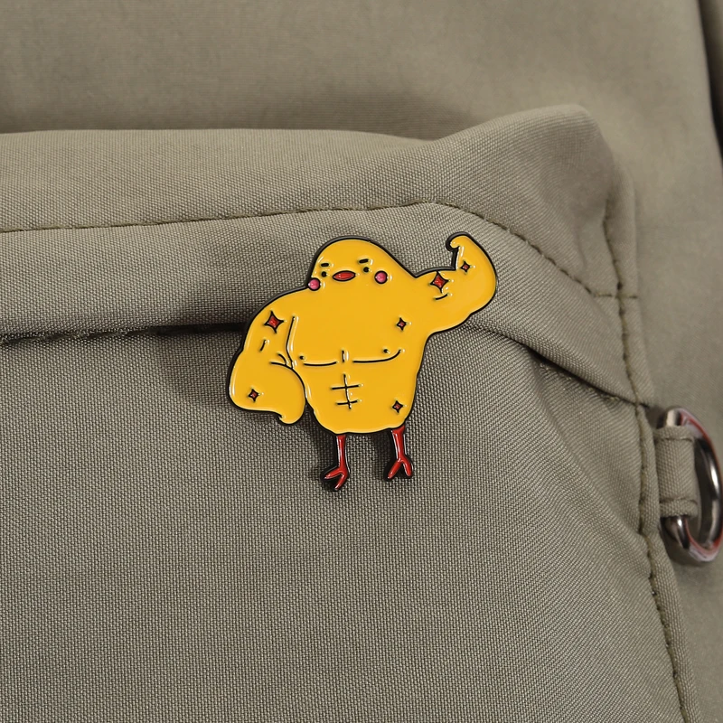 Buff Chicken Cartoon Pin Cute Chick with Exaggerated Muscles Design Funny Animal Contrast Brooch for Humor Lovers Bag Decoration