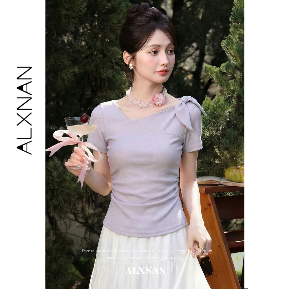 

ALXNAN One-shoulder Purple T-shirt Women Summer Shoulder Bow Design Short Sleeve T-shirt Elegant Casual Female Clothing L62852A