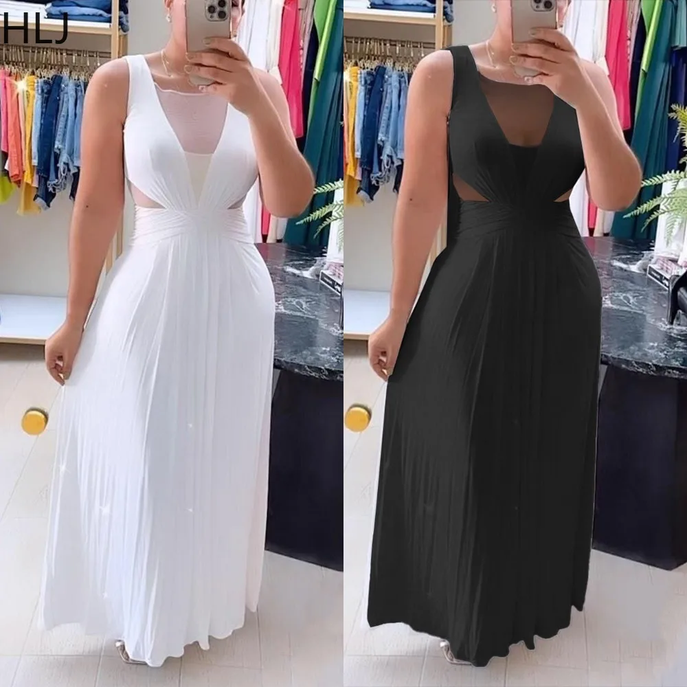 

HLJ Elegant Lady Perspective Backless Ruched Aline Dress Women Round Neck Sleeveless Vestidos Fashion Female Elasticity Clothing