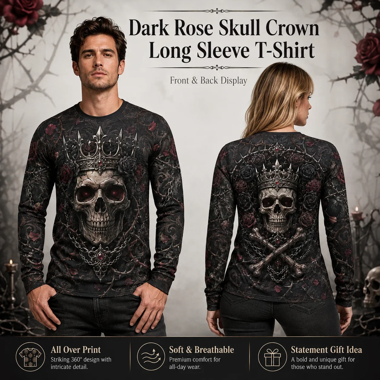 Gothic Skull Rose Long Sleeve T Shirt Unisex Halloween All Over Print Cool Loose Fashion Trendy Streetwear Novelty Casual Dark