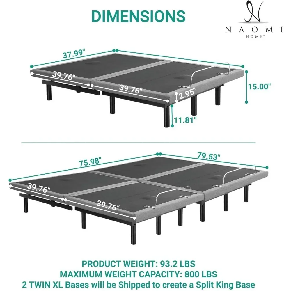 Split King Adjustable Bed Frame, Back & Leg Massage, USB Ports, Massage Beds Wireless Remote, Ergonomic Zero-Gravity Smart Bed