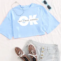 Ok Print Crop Tee Woman Summer O-Neck T-Shirt