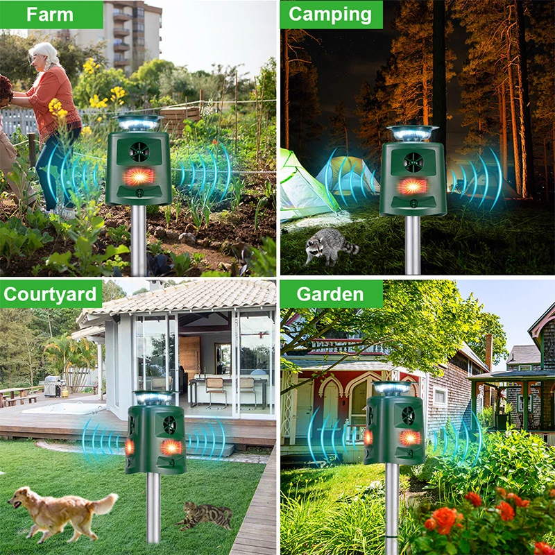 360° Ultrasonic Solar Animal Repellent with LED Flashing Light Animal Scarer Device for Repelente Palomas Bird Cat Mouse Boar