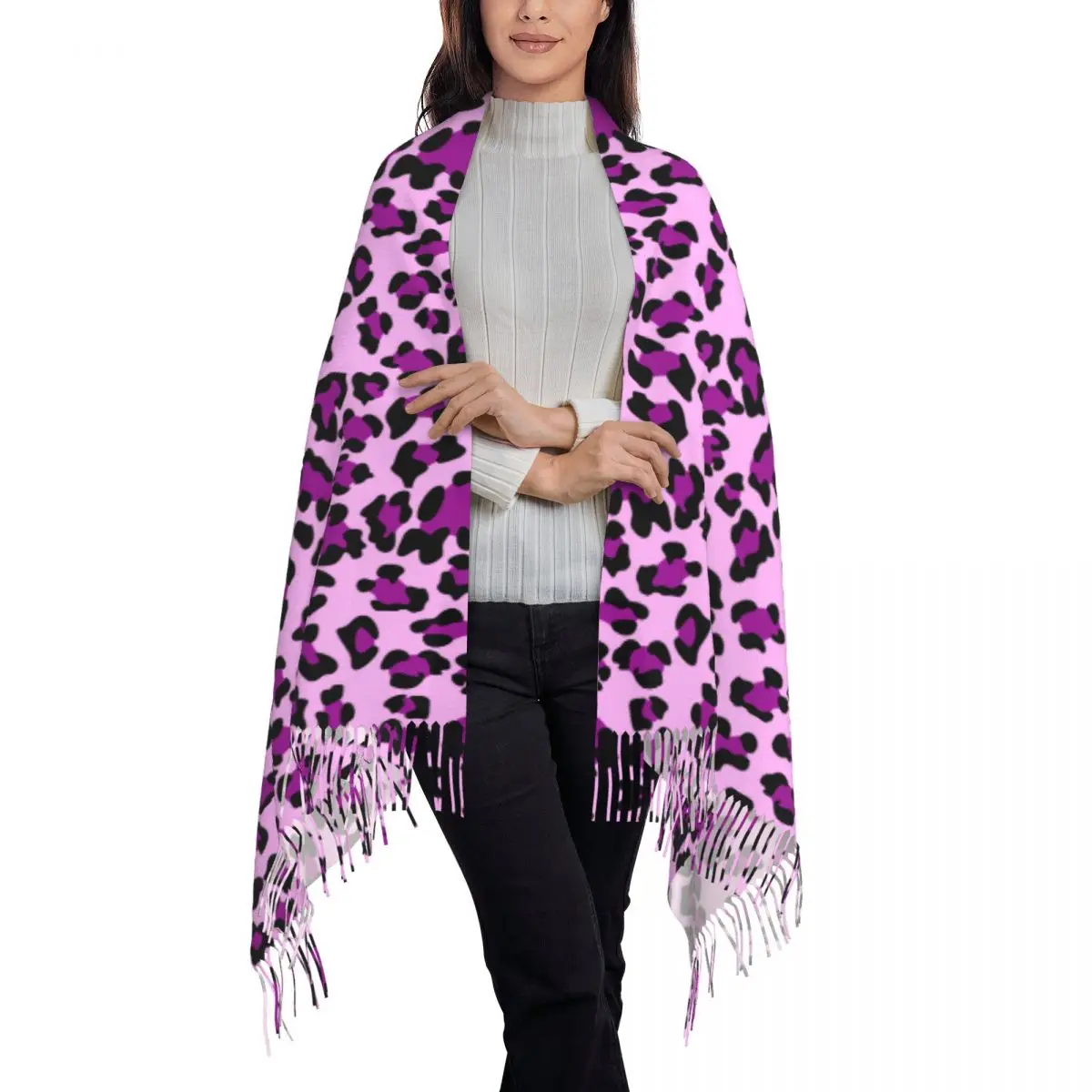 Bufandas grandes y bonitas con estampado de leopardo púrpura para mujer, chal grueso y cálido con borlas para invierno y otoño, bufanda sin costuras con animales