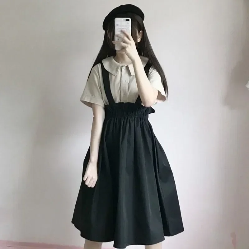 2025 New Spring Autumn Women Skirt Casual Sweet A-line Long Skirts Solid Simplicity Strap Skirt Female Japan Style