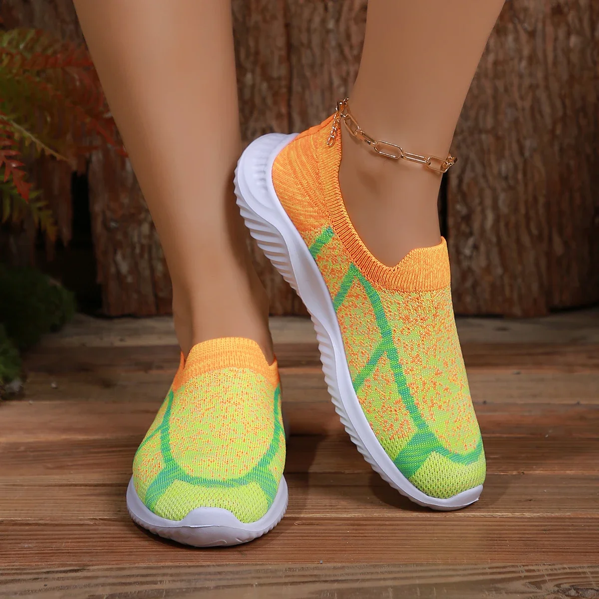 Fashion Printed Knitted Sneakers for Women 2024 Spring and Autumn Mesh Breathable Running Women's Soft-soled Casual Flat Shoes