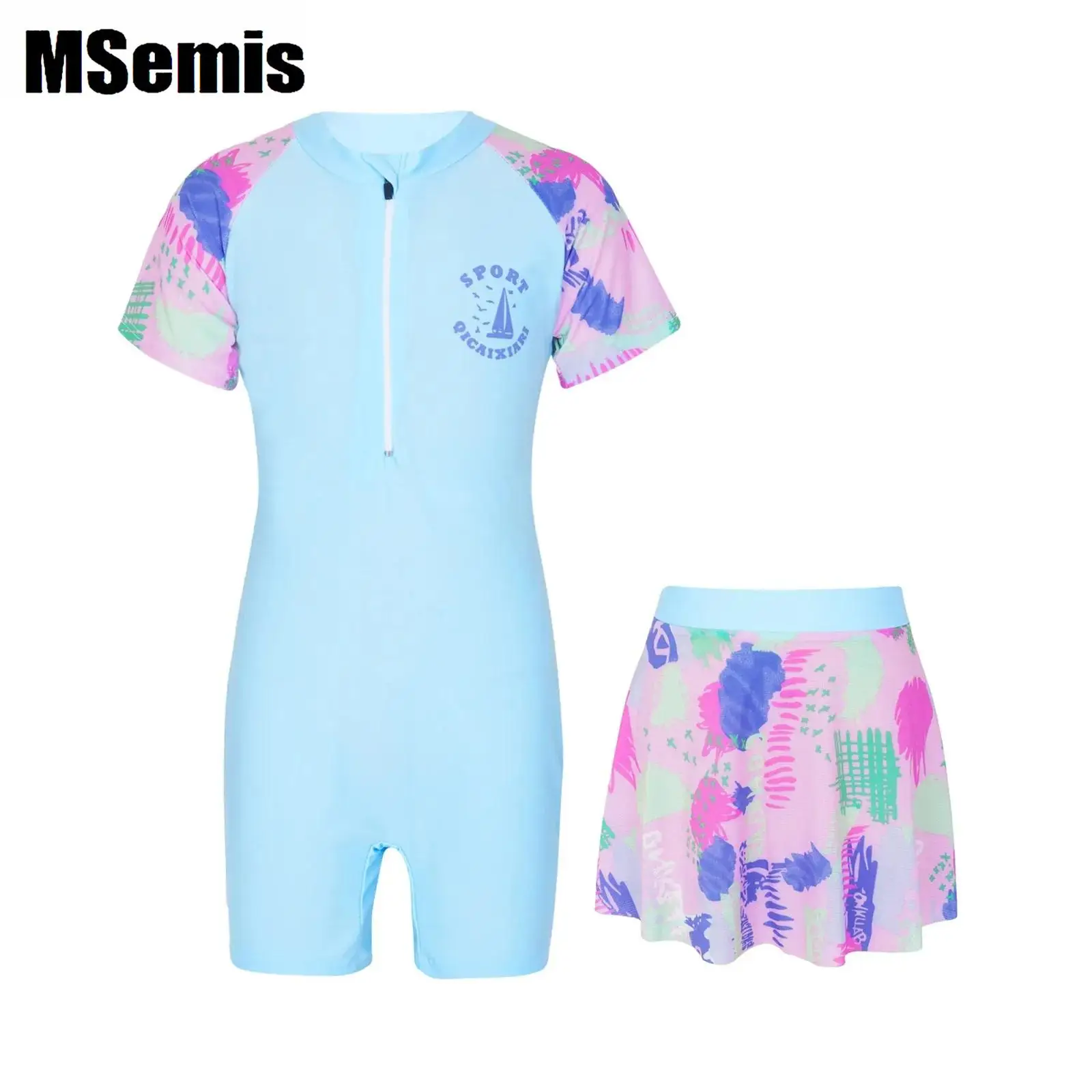 

Cartoon Graffiti Print Swimsuit for Kids Girls Zipper Closure Patchwork Short Swim Jumpsuit with Skirt Beach Bathing Swimwear