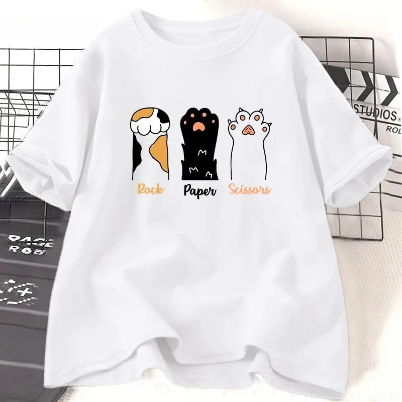 Rock Paper Scissors T Shirt Funny Cat Paw Print T-Shirt Summer Cat Lover Tshirt Women Short Sleeve Tee Shirt Clothing Graphic