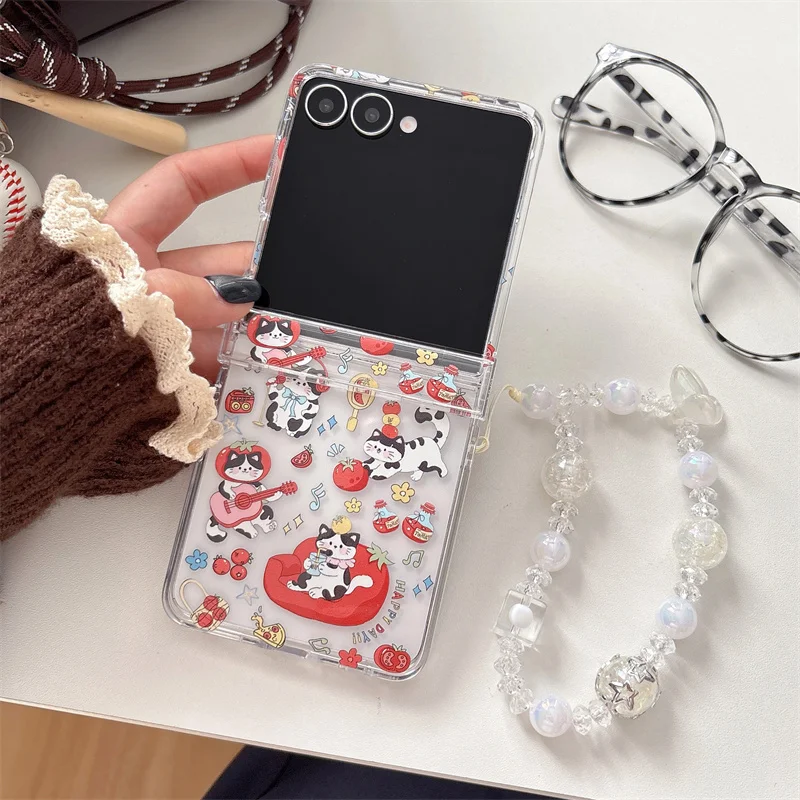 Kawaii الكرتون القط قضية الهاتف لسامسونج غالاكسي Z فليب 7 6 5 4 3 Flip6 Flip7 غطاء مع سلسلة لطيف المفصلي حالات ل ZFlip7 Funda #4