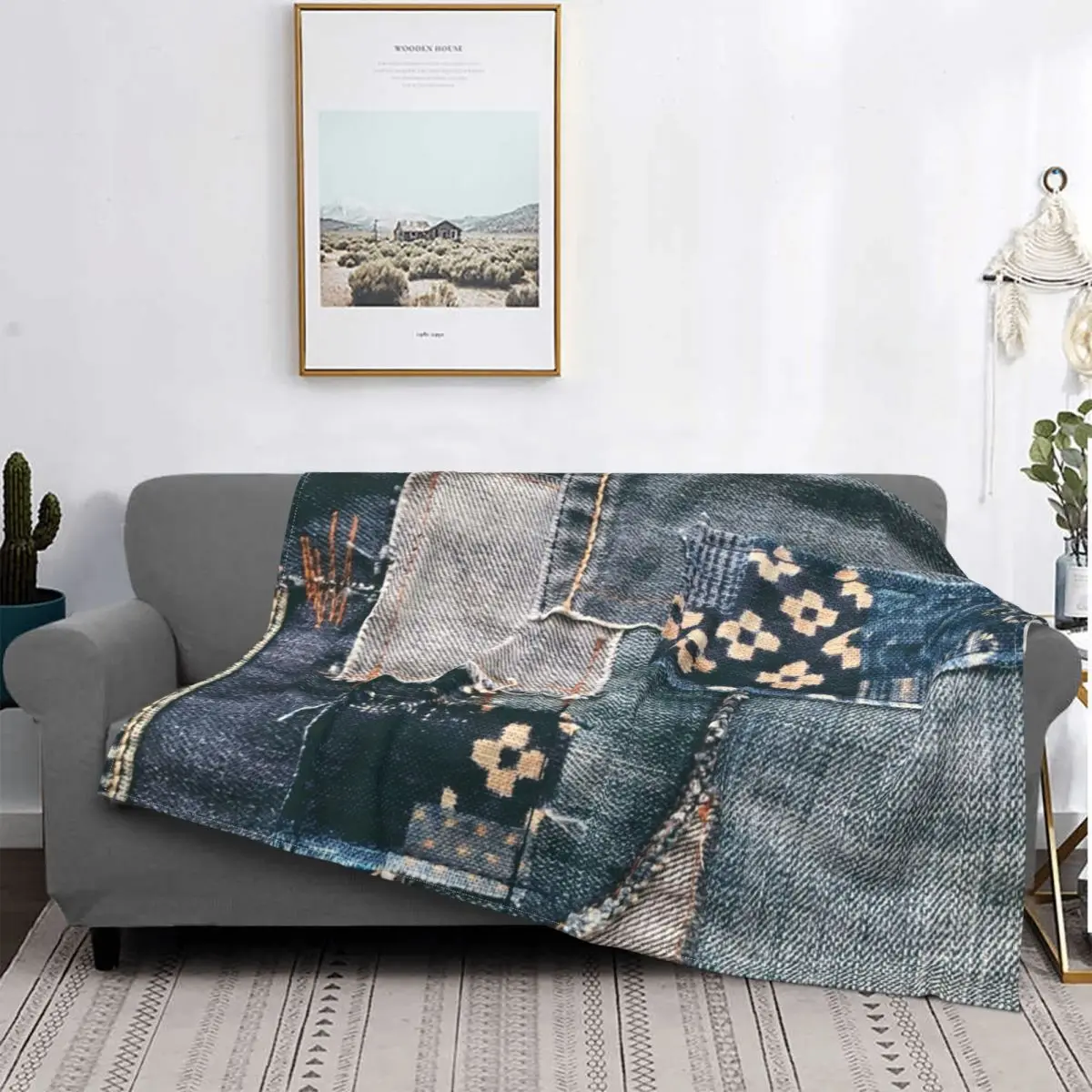 

Denim Patchwork Blankets Fleece Winter Multifunction Warm Throw Blankets for Sofa Couch Bedspreads